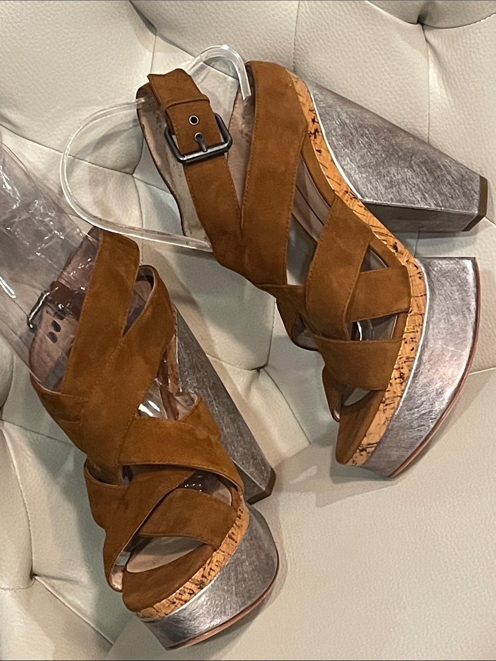 Dolce Vita Brown Suede Platform Sandals with Metallic Block Heel